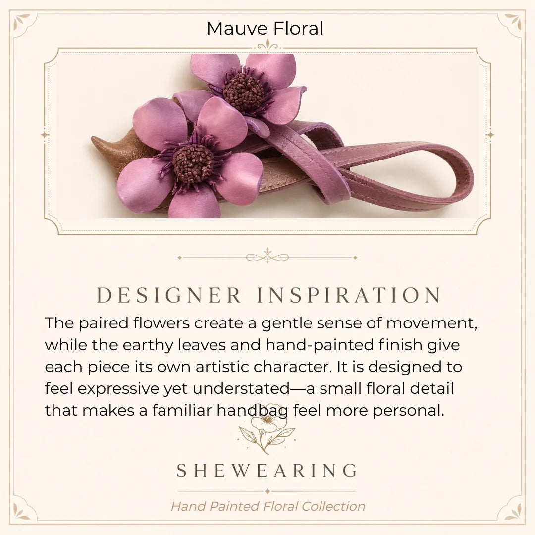 Hand-Painted Mauve Floral Leather Bag Charm Elegant Handbag Accessory & Unique Gift for Her