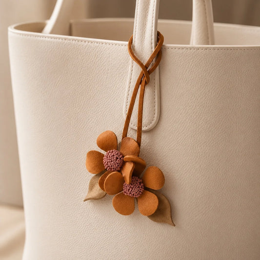 Colgante doble para bolso de cuero coñac artesanal con flores, pétalos esculpidos y centros malva