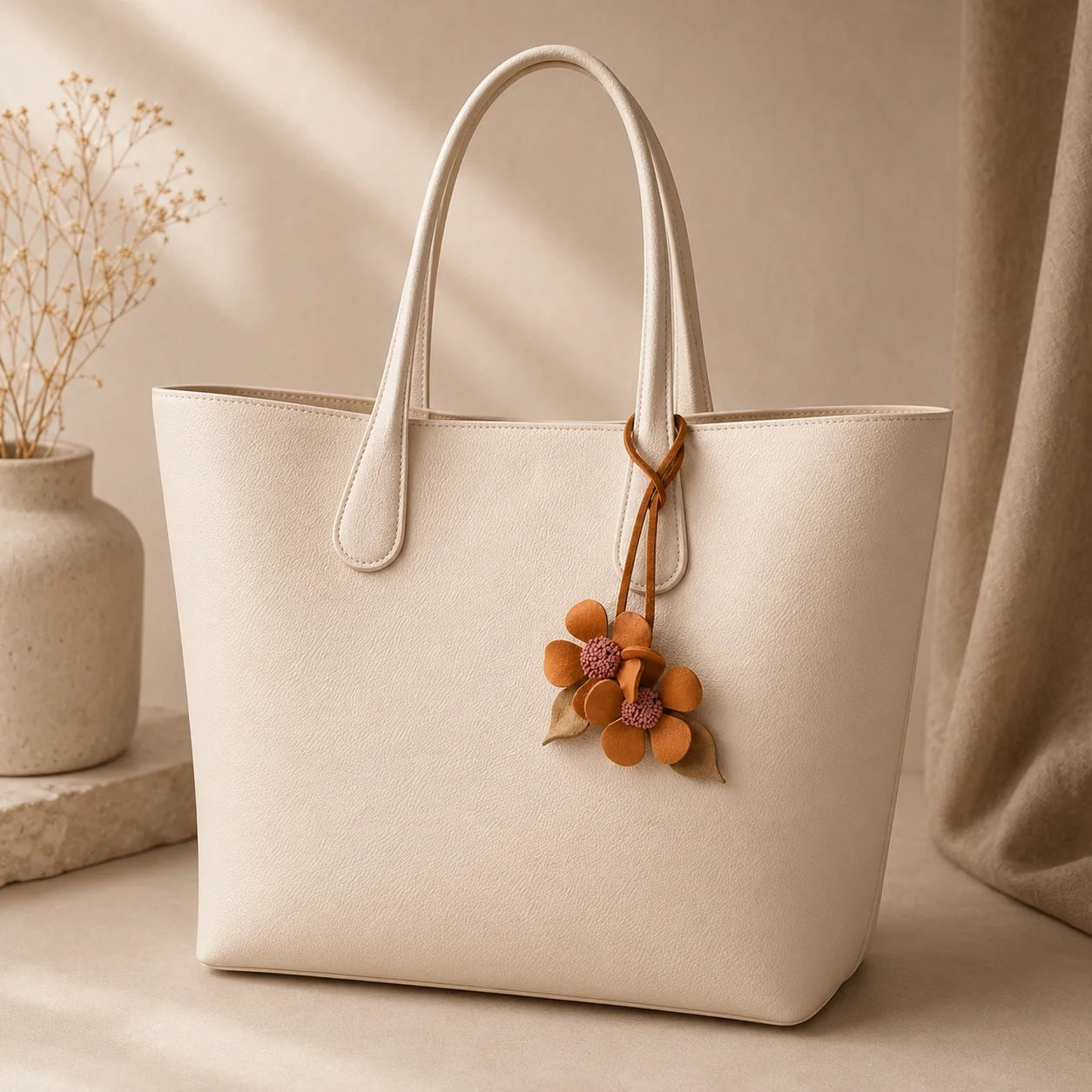 Colgante doble para bolso de cuero coñac artesanal con flores, pétalos esculpidos y centros malva