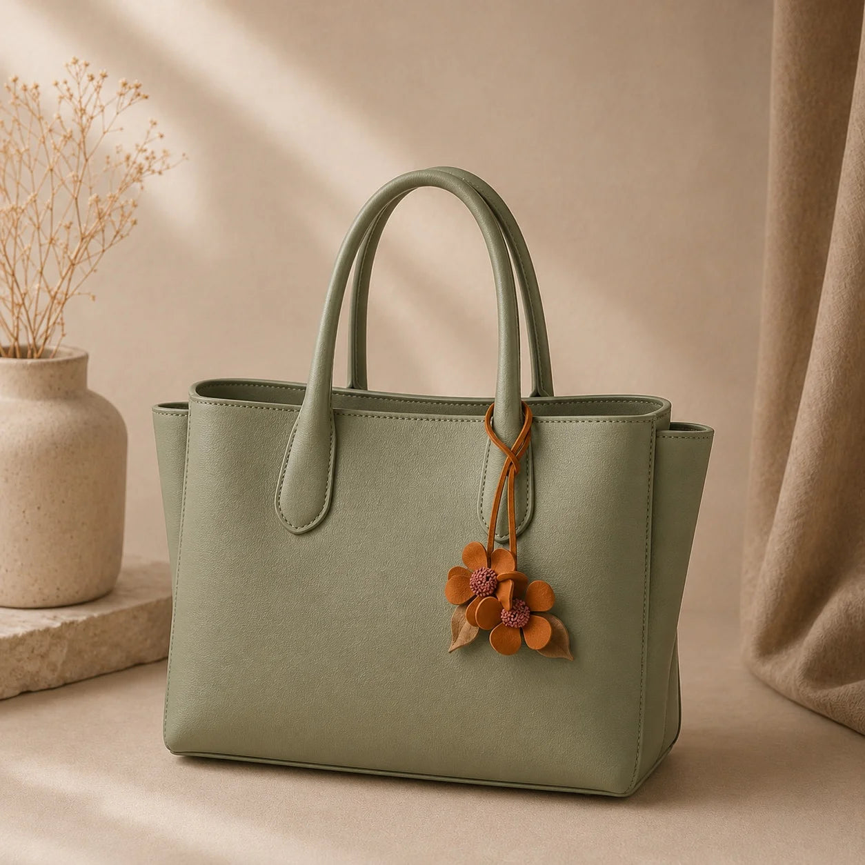 Colgante doble para bolso de cuero coñac artesanal con flores, pétalos esculpidos y centros malva
