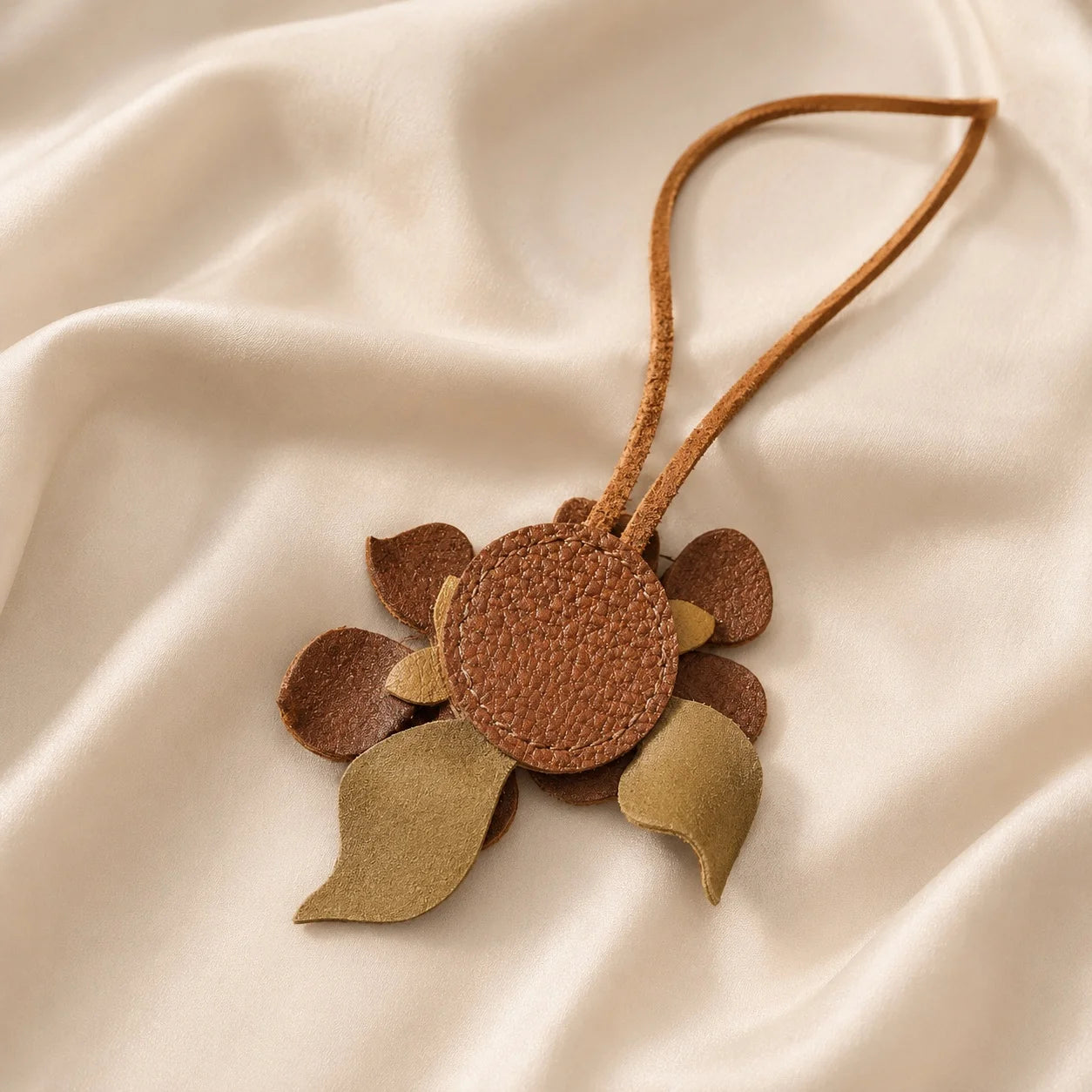 Colgante doble para bolso de cuero coñac artesanal con flores, pétalos esculpidos y centros malva