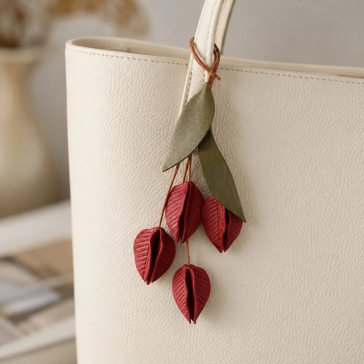 Hand-Painted Lantern Flower Soft Leather Bag Charm, Artistic Botanical Handbag Accessory for Small and Medium Structured Bags
