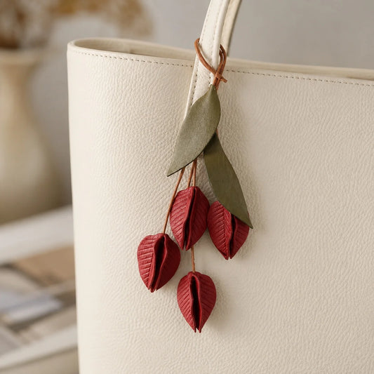 Hand-Painted Lantern Flower Soft Leather Bag Charm, Artistic Botanical Handbag Accessory for Small and Medium Structured Bags