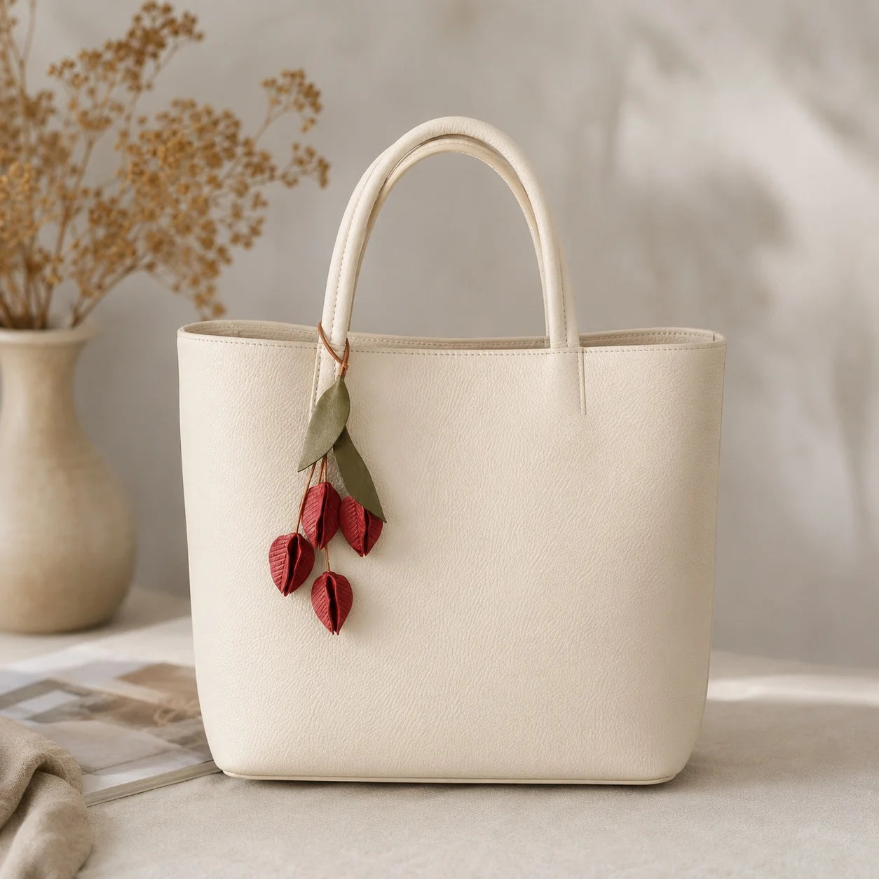 Hand-Painted Lantern Flower Soft Leather Bag Charm, Artistic Botanical Handbag Accessory for Small and Medium Structured Bags