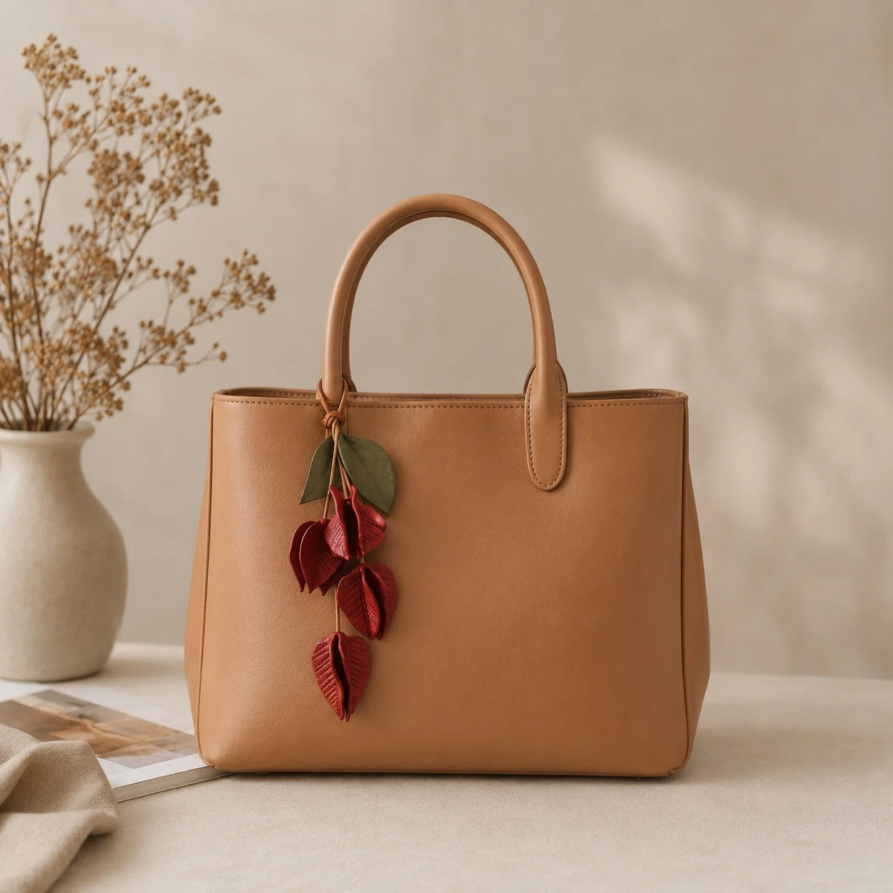 Hand-Painted Lantern Flower Soft Leather Bag Charm, Artistic Botanical Handbag Accessory for Small and Medium Structured Bags