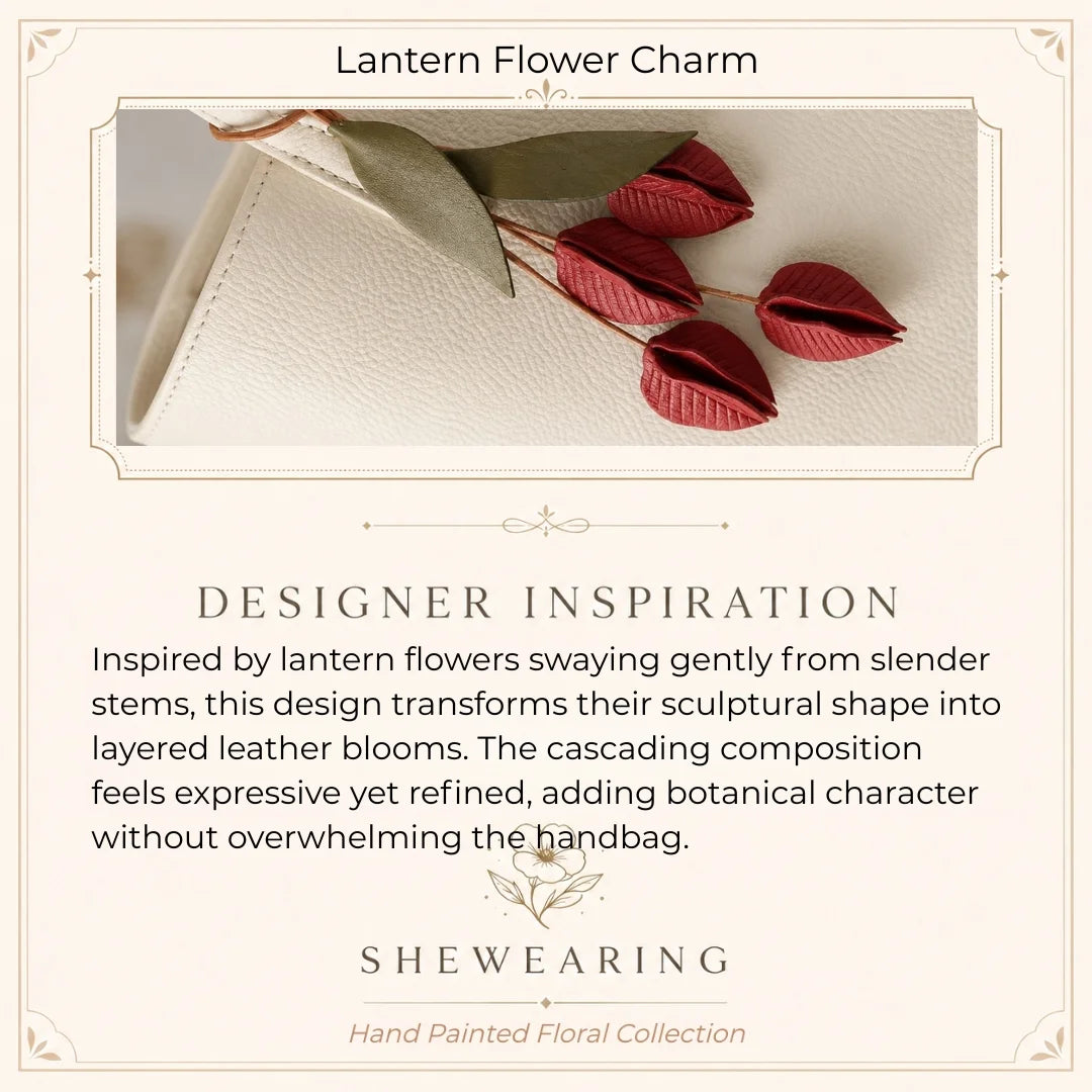 Hand-Painted Lantern Flower Soft Leather Bag Charm, Artistic Botanical Handbag Accessory for Small and Medium Structured Bags