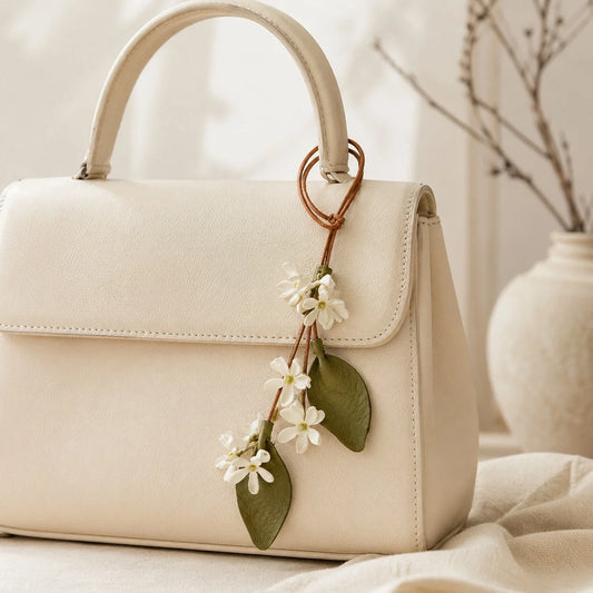 Amuleto de cuero jazmín blanco pintado a mano para bolso con colgantes florales ajustables, elegante accesorio botánico para bolsos pequeños y medianos