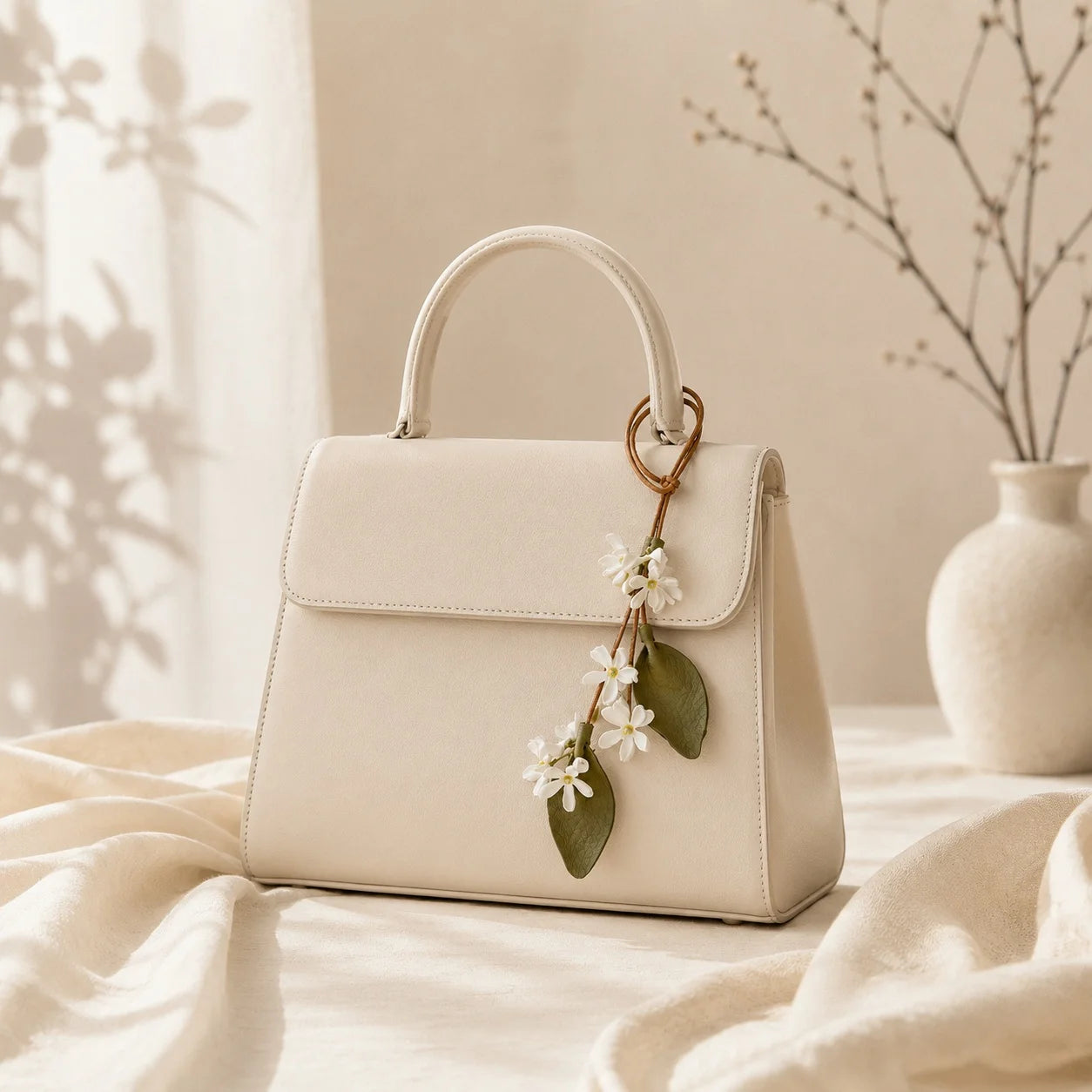 Amuleto de cuero jazmín blanco pintado a mano para bolso con colgantes florales ajustables, elegante accesorio botánico para bolsos pequeños y medianos