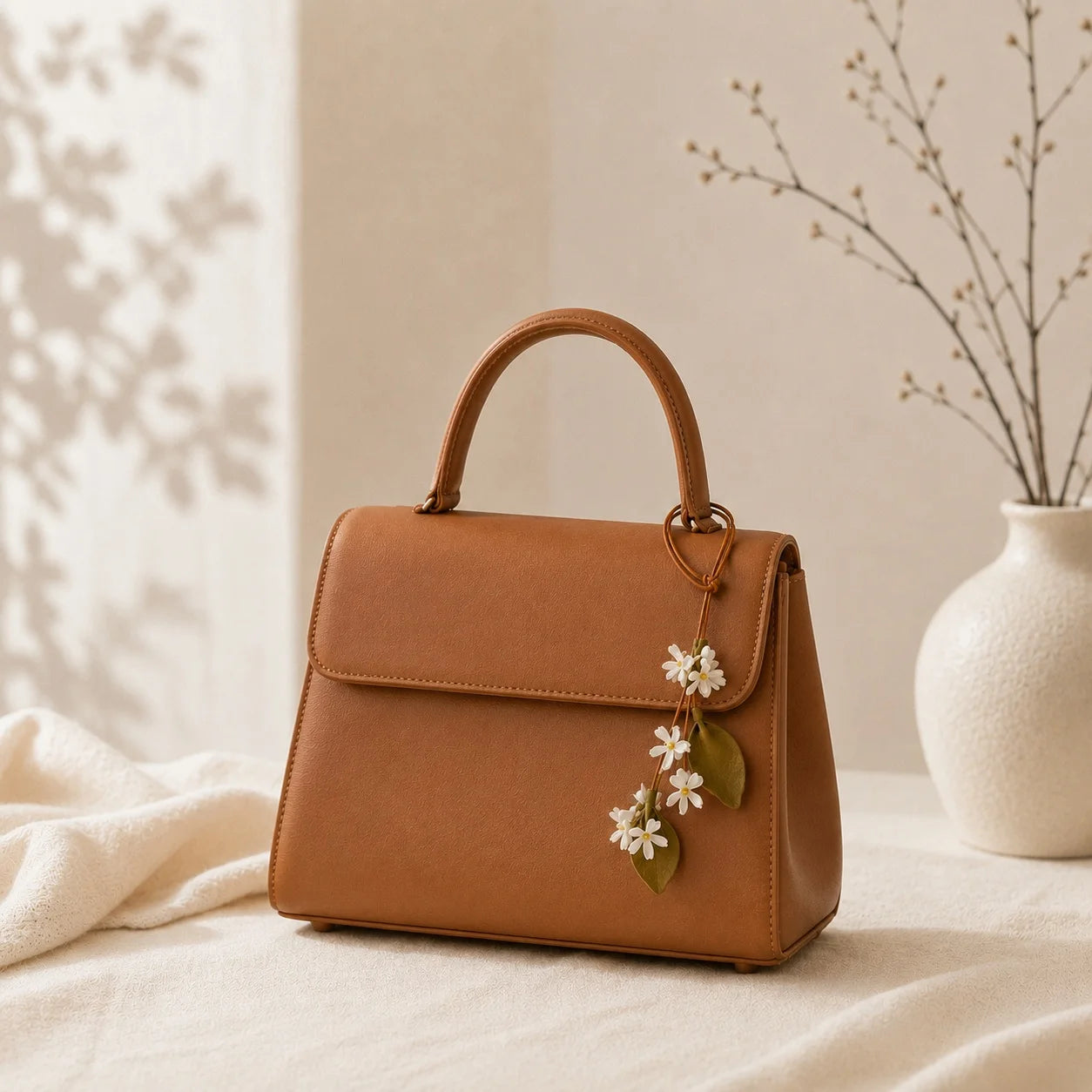 Amuleto de cuero jazmín blanco pintado a mano para bolso con colgantes florales ajustables, elegante accesorio botánico para bolsos pequeños y medianos