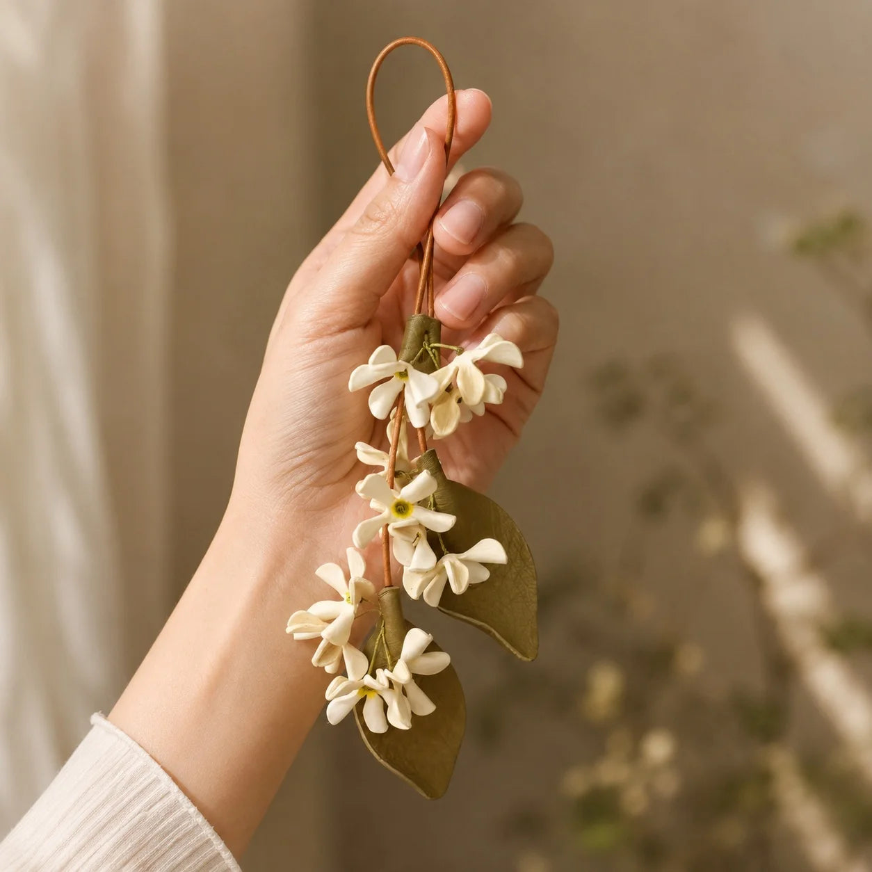 Amuleto de cuero jazmín blanco pintado a mano para bolso con colgantes florales ajustables, elegante accesorio botánico para bolsos pequeños y medianos