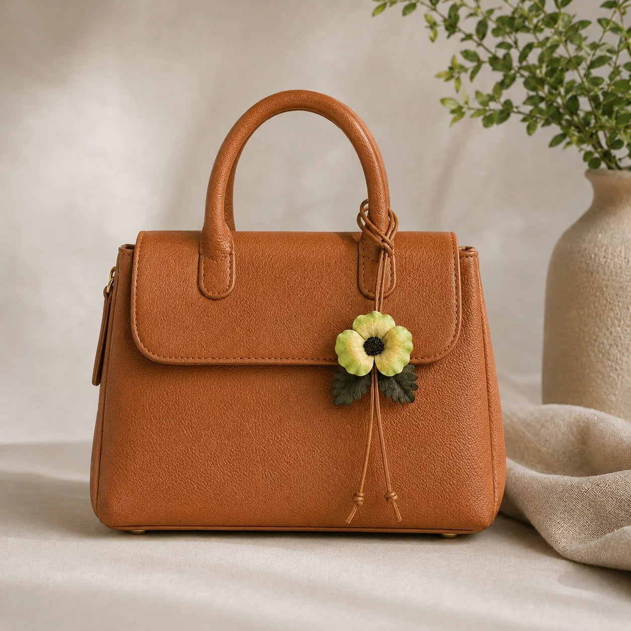 Colgante de flor de cuero genuino pintado a mano con cordón ajustable, accesorio botánico único para bolsos estructurados pequeños y medianos