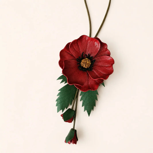Hand-Painted Burgundy Poppy Leather Bag Charm with Twin Buds, Sculptural Botanical Accessory for Small and Medium Handbags