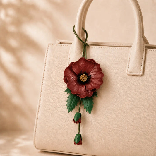 Hand-Painted Burgundy Poppy Leather Bag Charm with Twin Buds, Sculptural Botanical Accessory for Small and Medium Handbags