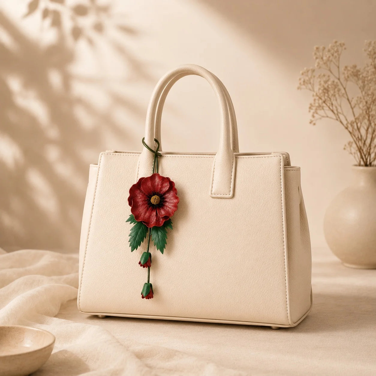 Hand-Painted Burgundy Poppy Leather Bag Charm with Twin Buds, Sculptural Botanical Accessory for Small and Medium Handbags
