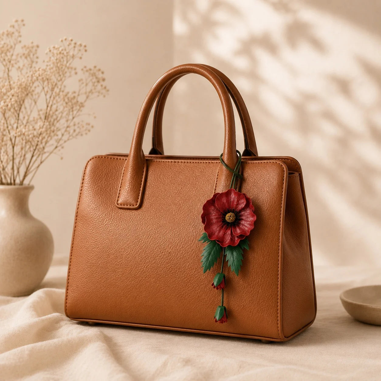 Hand-Painted Burgundy Poppy Leather Bag Charm with Twin Buds, Sculptural Botanical Accessory for Small and Medium Handbags