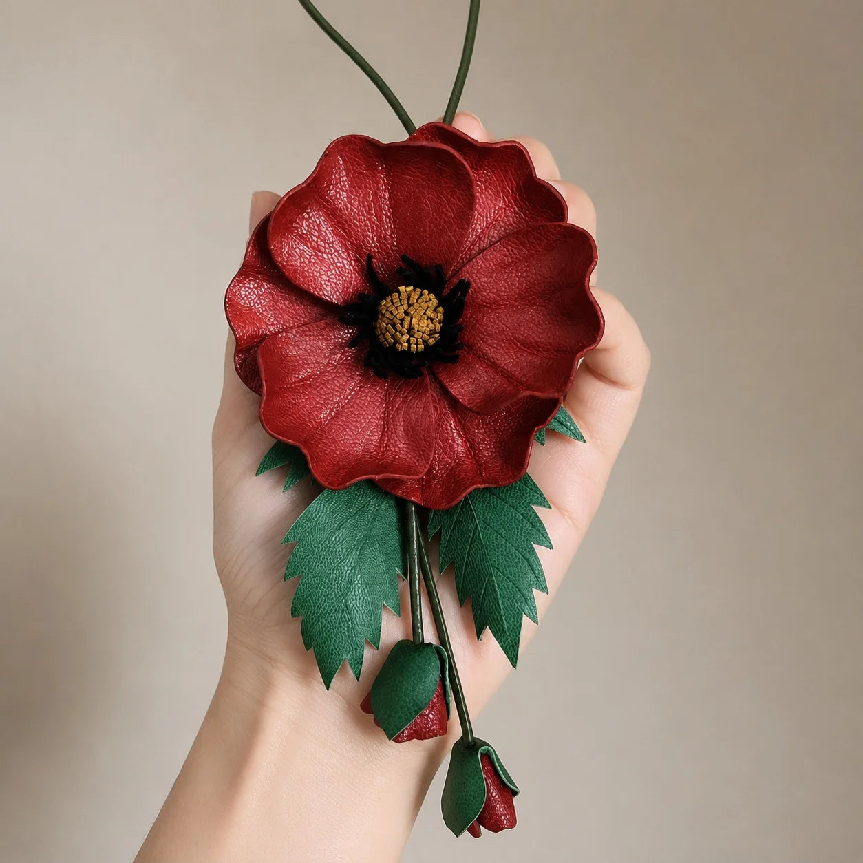 Hand-Painted Burgundy Poppy Leather Bag Charm with Twin Buds, Sculptural Botanical Accessory for Small and Medium Handbags