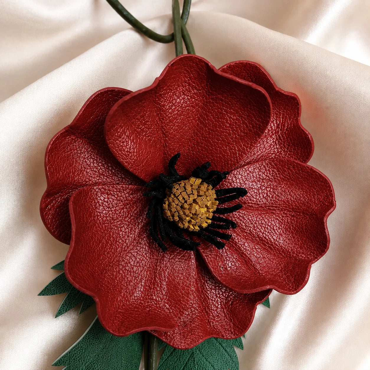Hand-Painted Burgundy Poppy Leather Bag Charm with Twin Buds, Sculptural Botanical Accessory for Small and Medium Handbags