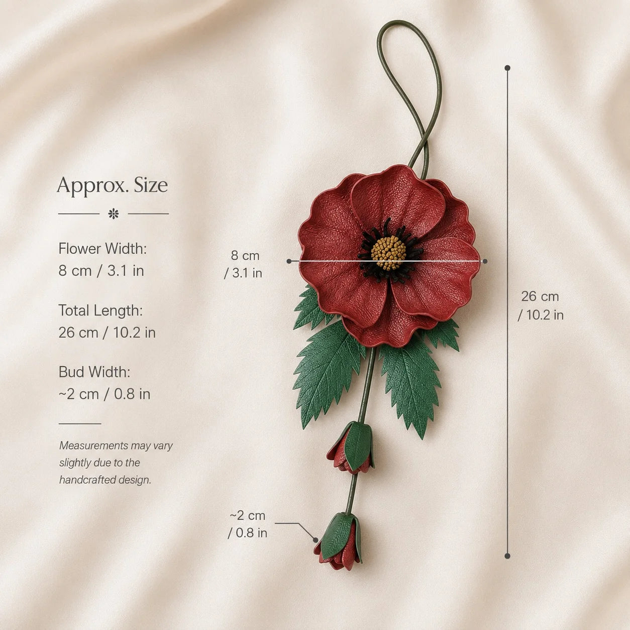 Hand-Painted Burgundy Poppy Leather Bag Charm with Twin Buds, Sculptural Botanical Accessory for Small and Medium Handbags