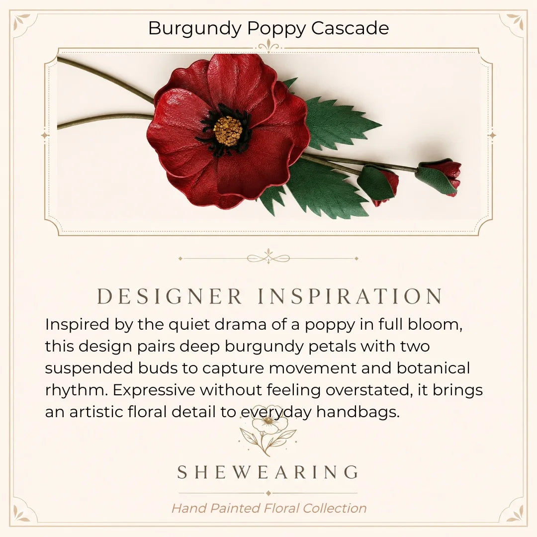 Hand-Painted Burgundy Poppy Leather Bag Charm with Twin Buds, Sculptural Botanical Accessory for Small and Medium Handbags