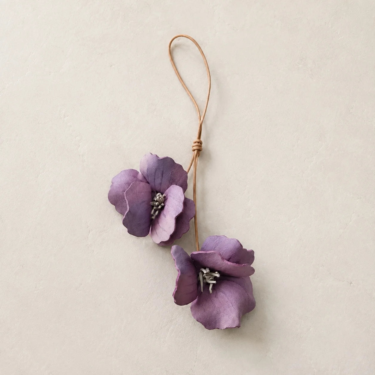 Handcrafted Mauve Hibiscus Double Flower Genuine Leather Bag Charm with Sculptural Petals and Natural Leather Loop for Handbags and Totes