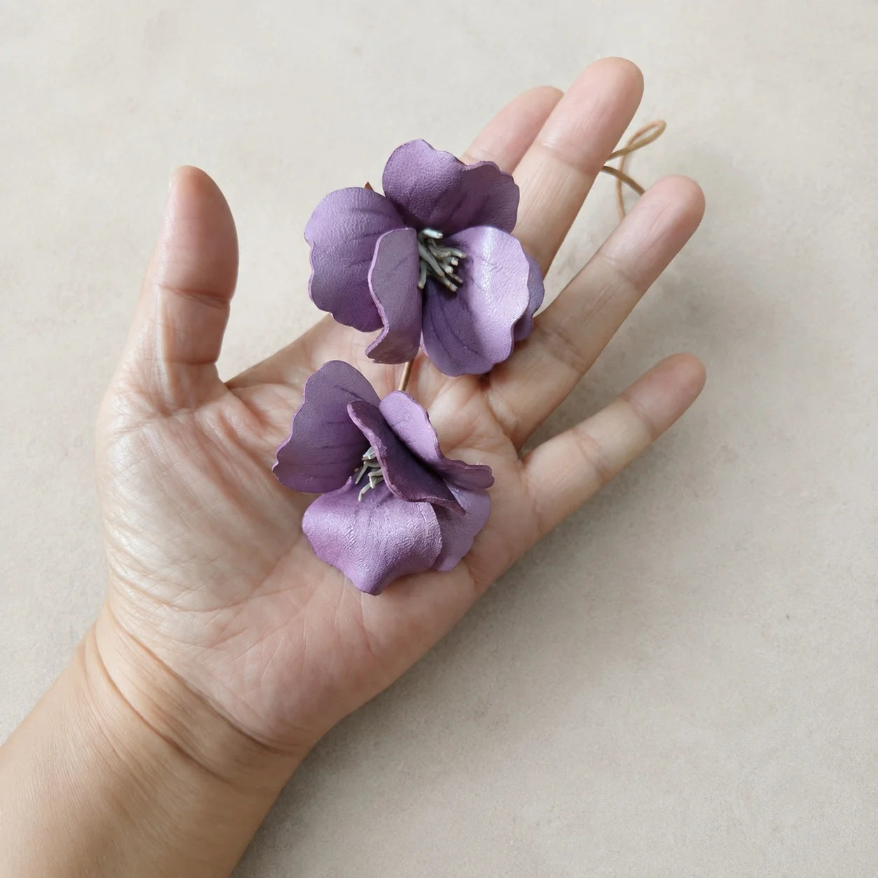 Handcrafted Mauve Hibiscus Double Flower Genuine Leather Bag Charm with Sculptural Petals and Natural Leather Loop for Handbags and Totes
