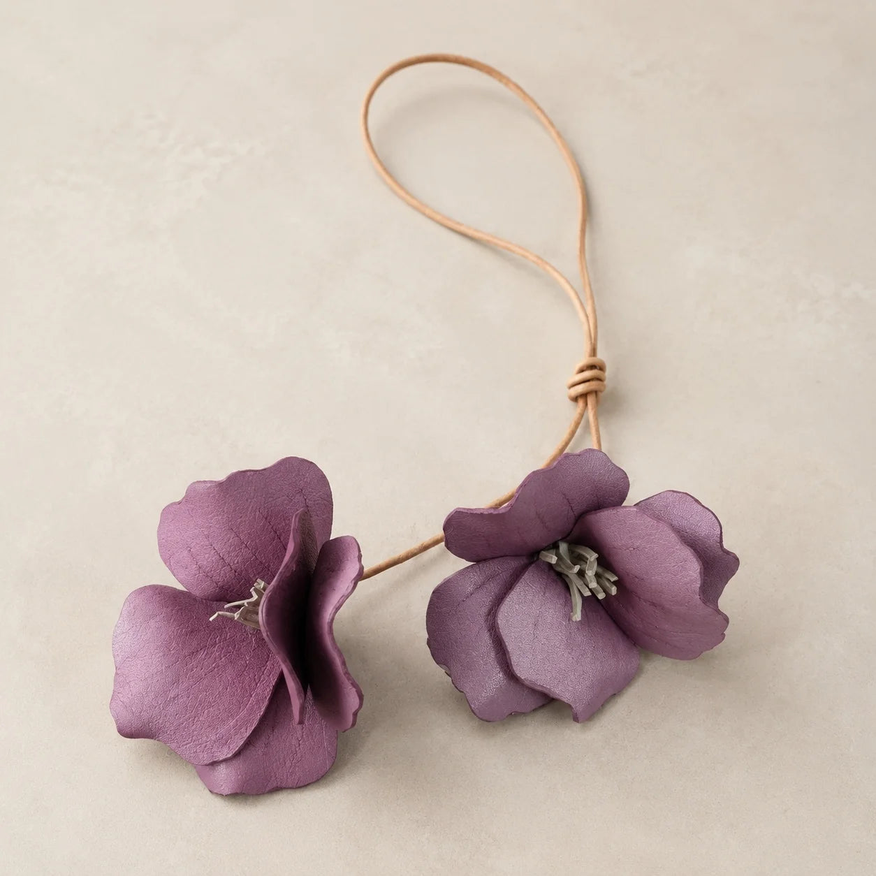 Handcrafted Mauve Hibiscus Double Flower Genuine Leather Bag Charm with Sculptural Petals and Natural Leather Loop for Handbags and Totes