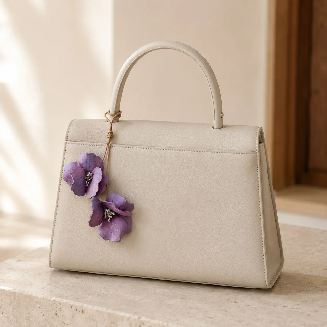 Handcrafted Mauve Hibiscus Double Flower Genuine Leather Bag Charm with Sculptural Petals and Natural Leather Loop for Handbags and Totes