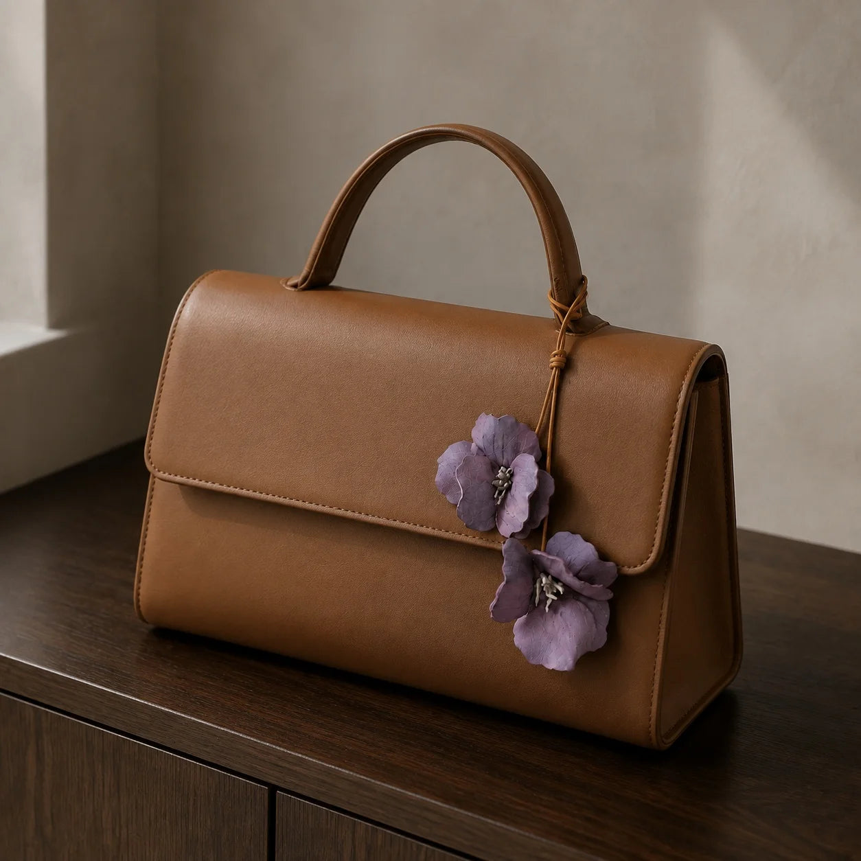 Handcrafted Mauve Hibiscus Double Flower Genuine Leather Bag Charm with Sculptural Petals and Natural Leather Loop for Handbags and Totes