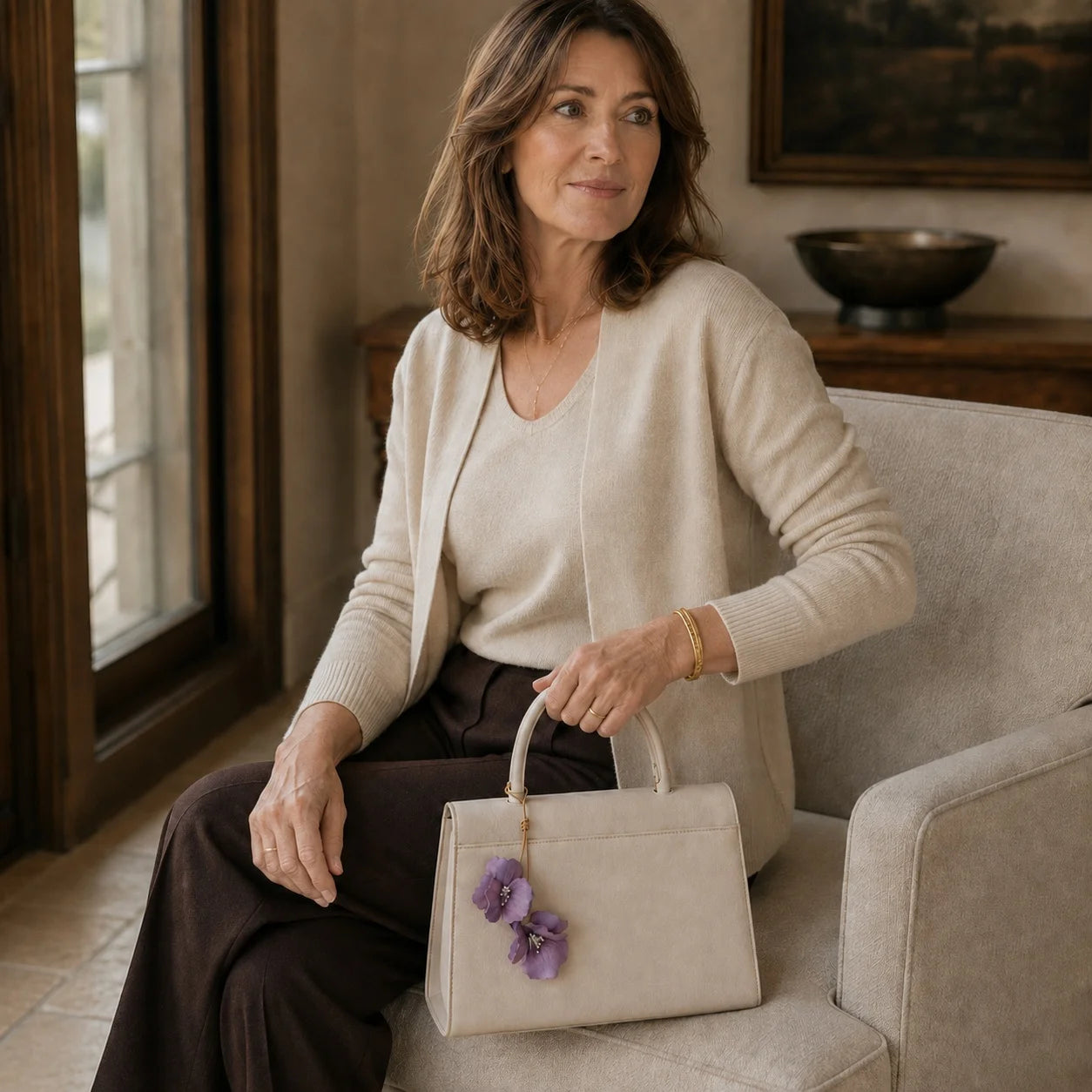 Handcrafted Mauve Hibiscus Double Flower Genuine Leather Bag Charm with Sculptural Petals and Natural Leather Loop for Handbags and Totes