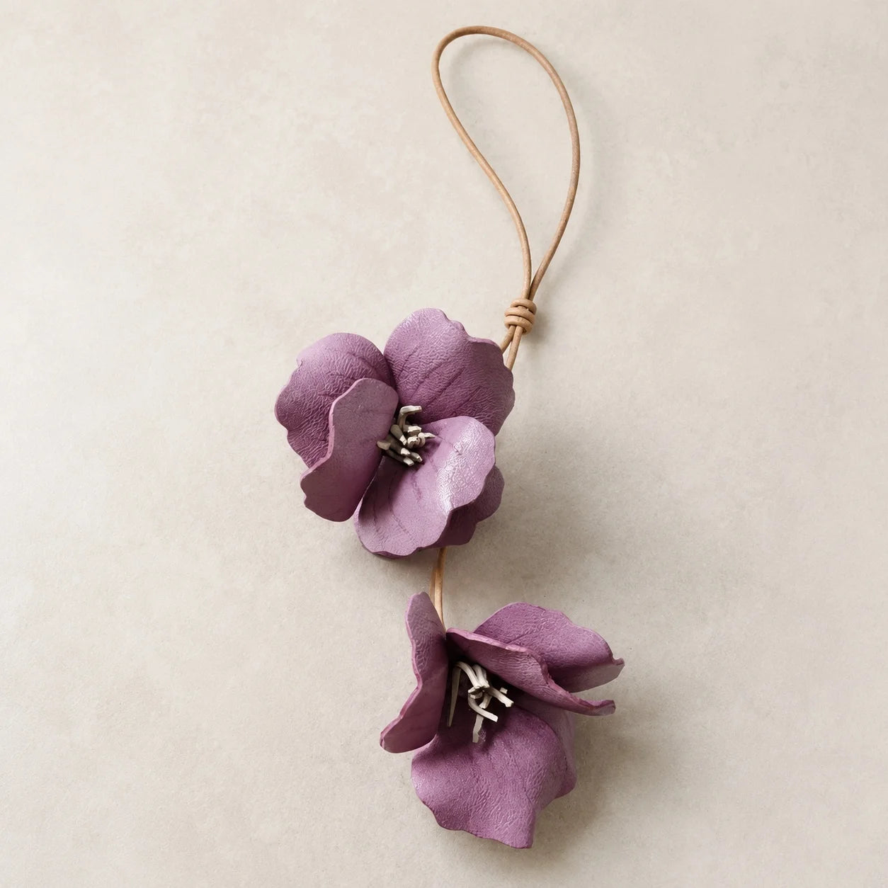 Handcrafted Mauve Hibiscus Double Flower Genuine Leather Bag Charm with Sculptural Petals and Natural Leather Loop for Handbags and Totes