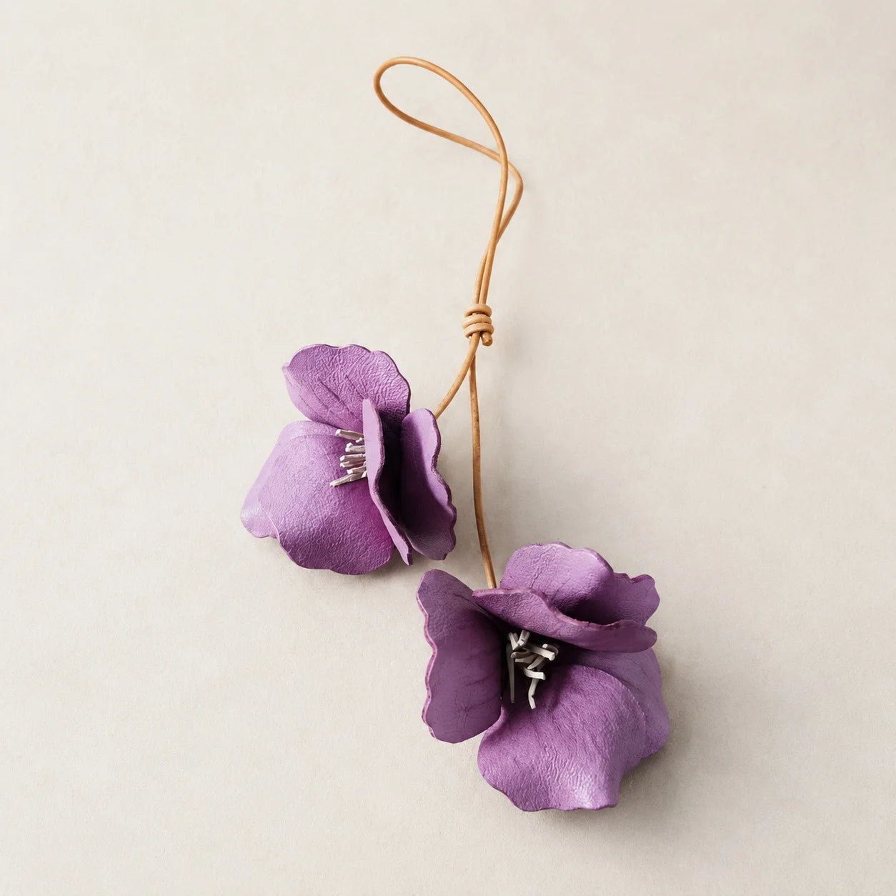Handcrafted Mauve Hibiscus Double Flower Genuine Leather Bag Charm with Sculptural Petals and Natural Leather Loop for Handbags and Totes