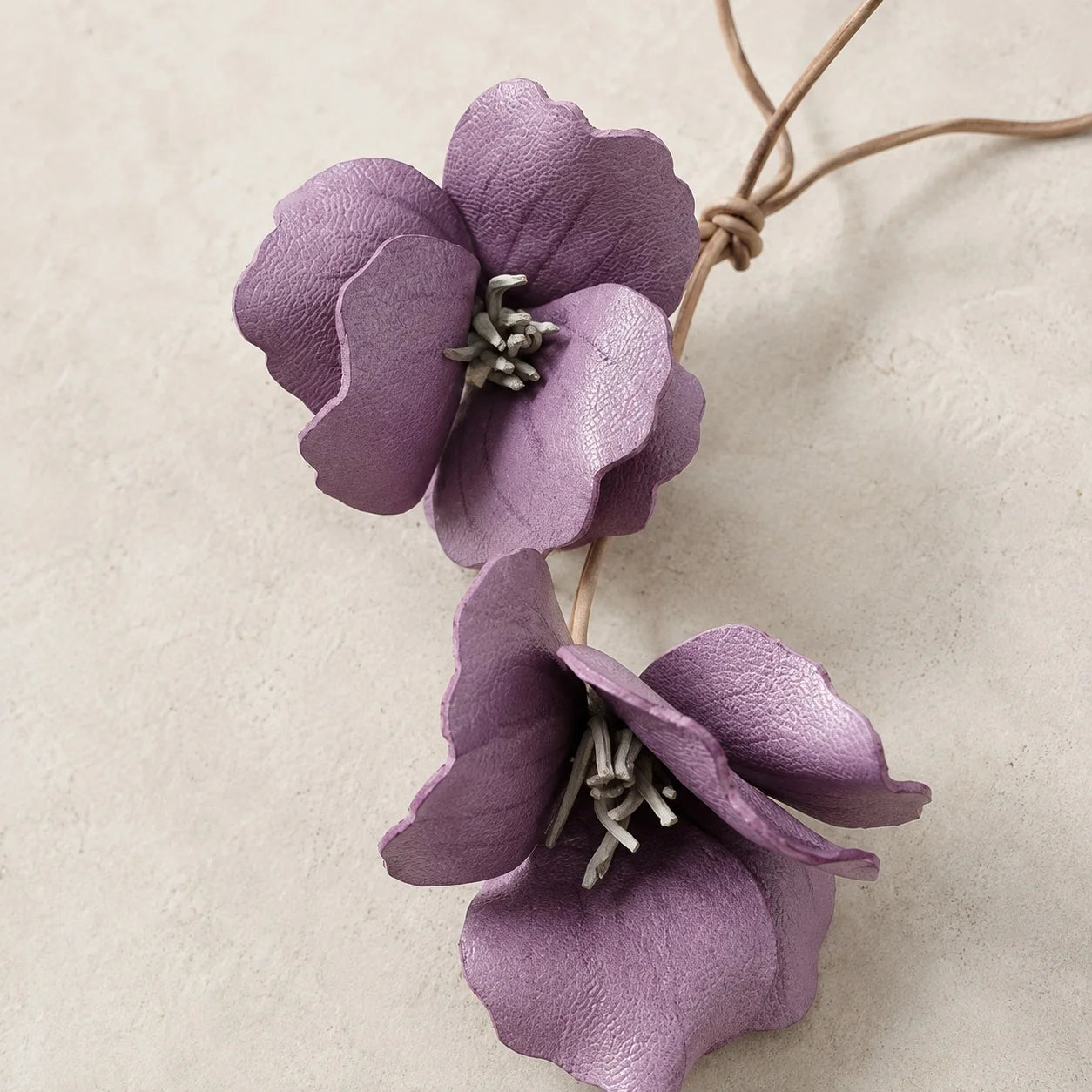 Handcrafted Mauve Hibiscus Double Flower Genuine Leather Bag Charm with Sculptural Petals and Natural Leather Loop for Handbags and Totes