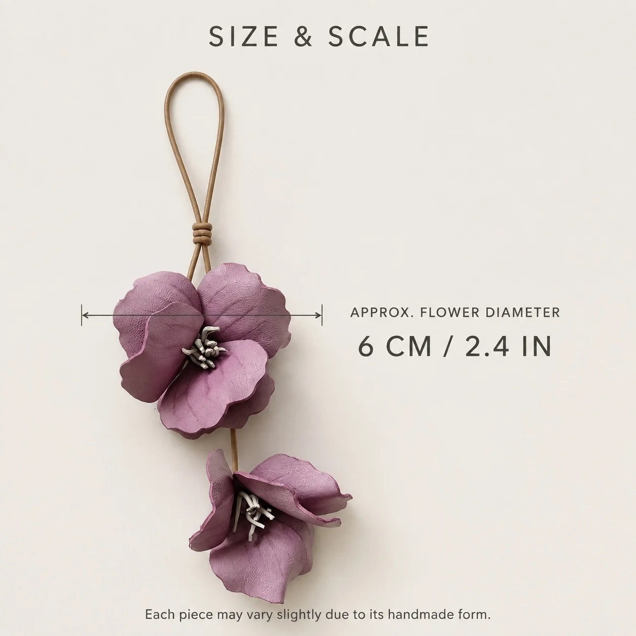 Handcrafted Mauve Hibiscus Double Flower Genuine Leather Bag Charm with Sculptural Petals and Natural Leather Loop for Handbags and Totes
