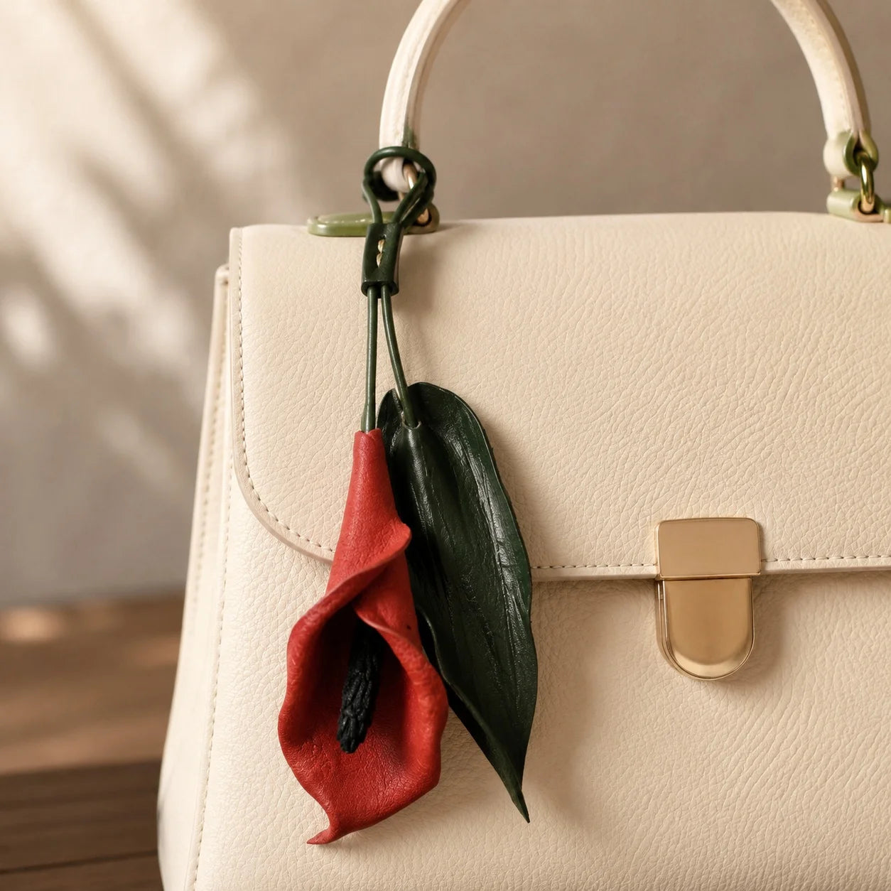 Hand-Painted Red Calla Lily Leather Bag Charm, Sculptural Botanical Handbag Accessory with Adjustable Loop, Unique Floral Gift for Her