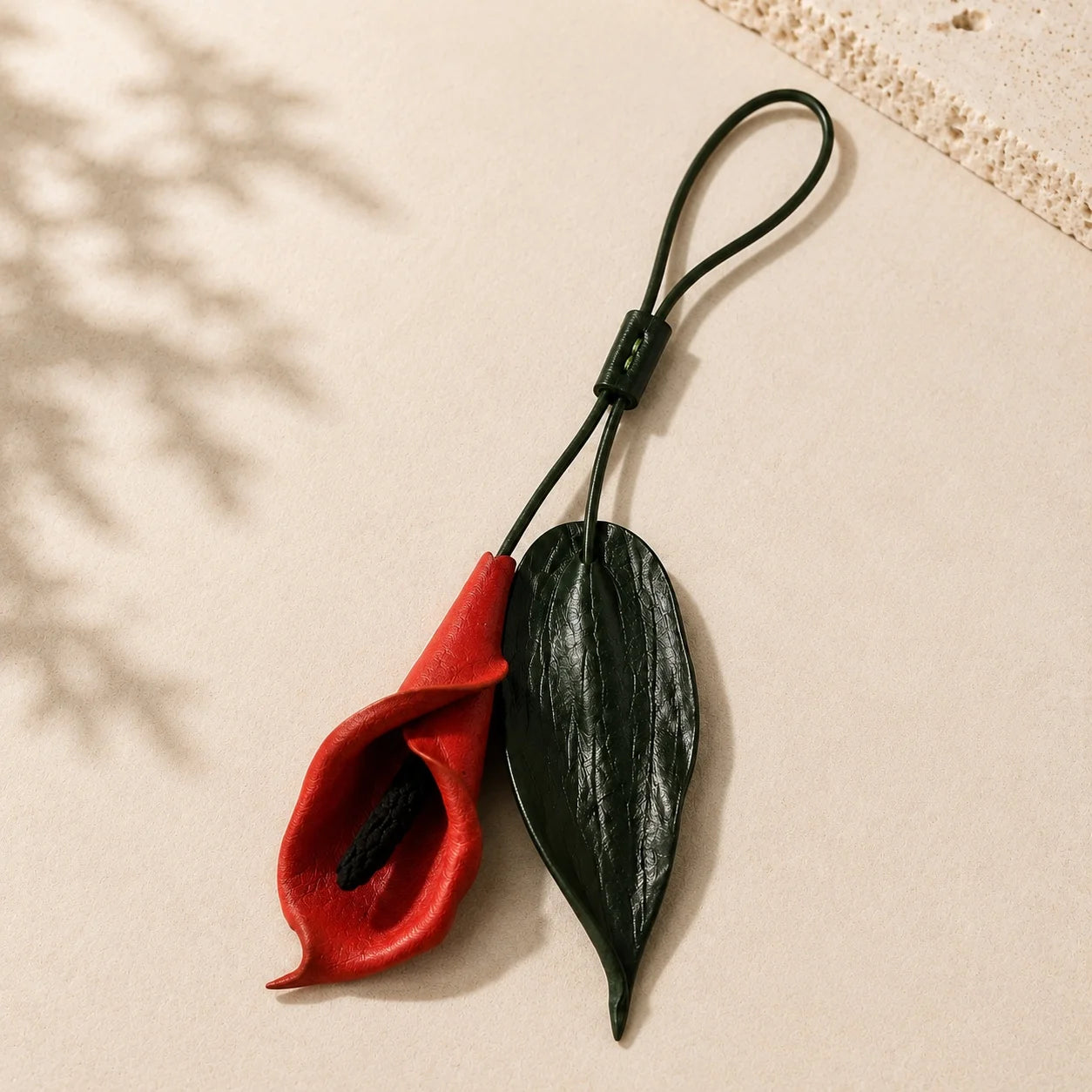 Hand-Painted Red Calla Lily Leather Bag Charm, Sculptural Botanical Handbag Accessory with Adjustable Loop, Unique Floral Gift for Her