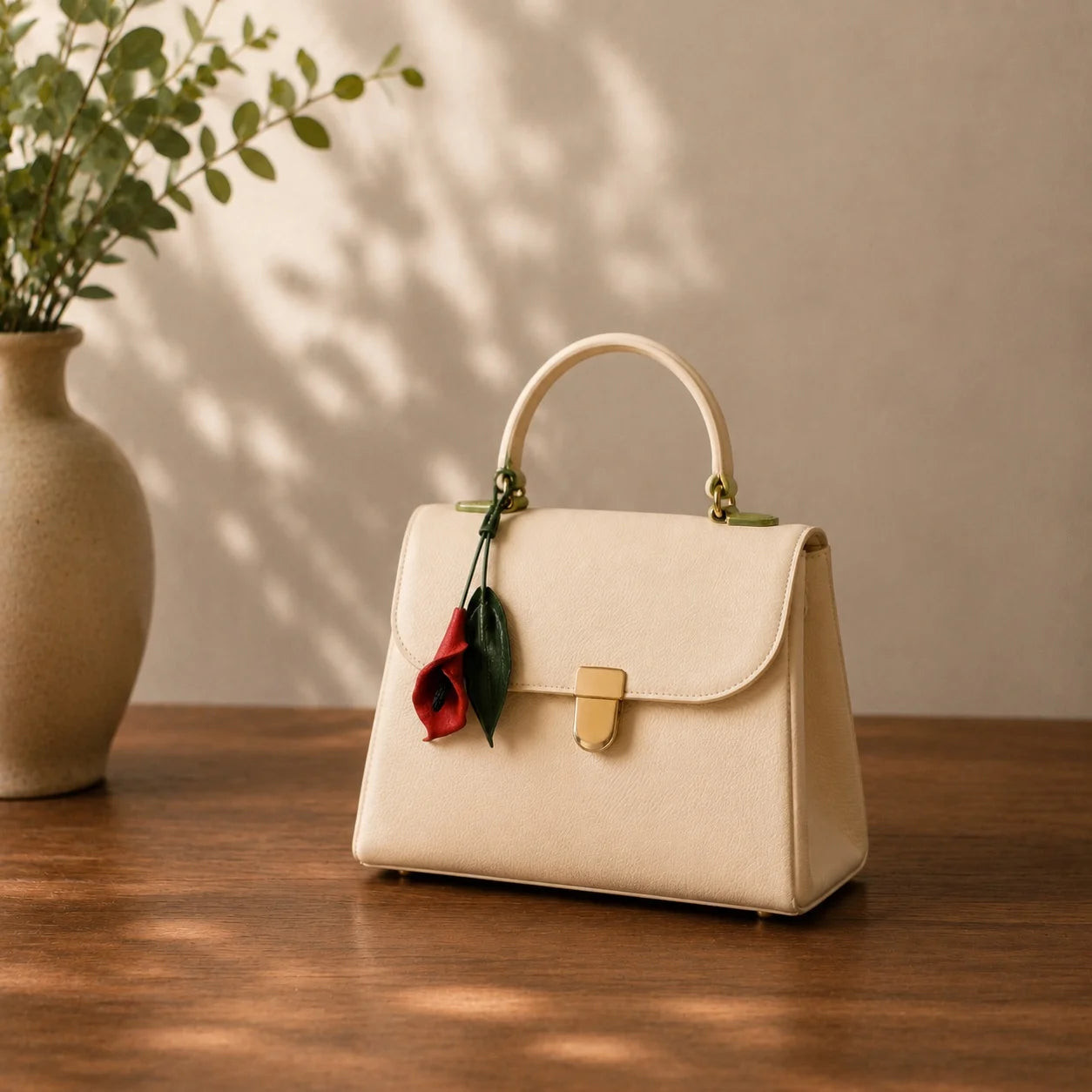 Hand-Painted Red Calla Lily Leather Bag Charm, Sculptural Botanical Handbag Accessory with Adjustable Loop, Unique Floral Gift for Her
