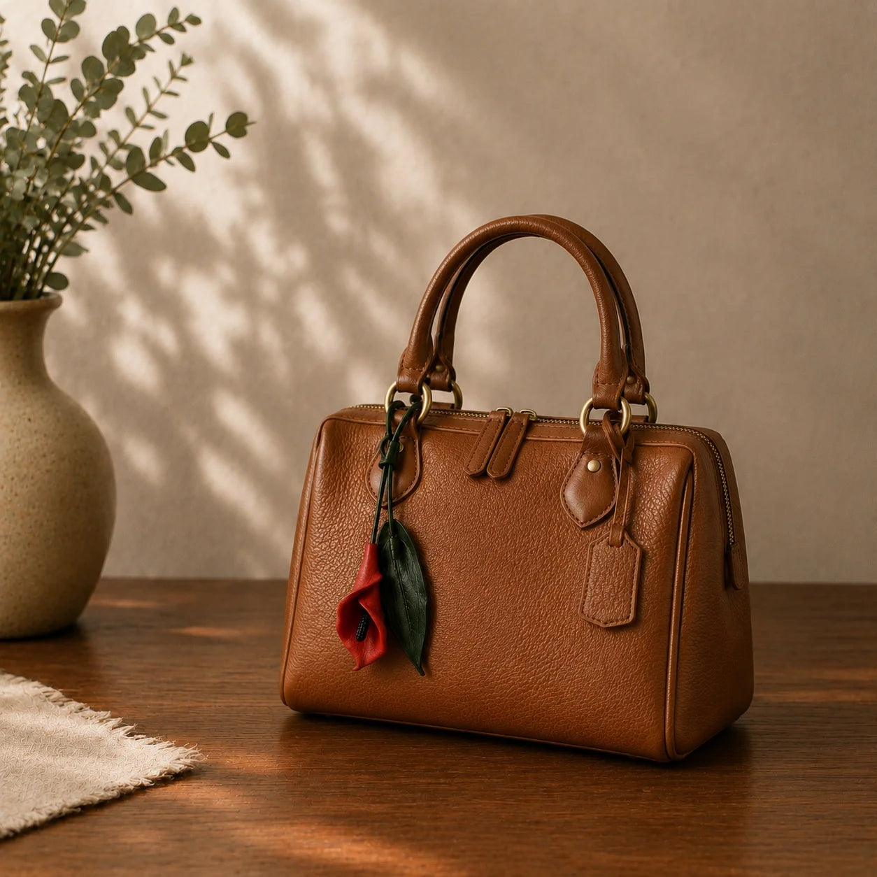 Hand-Painted Red Calla Lily Leather Bag Charm, Sculptural Botanical Handbag Accessory with Adjustable Loop, Unique Floral Gift for Her