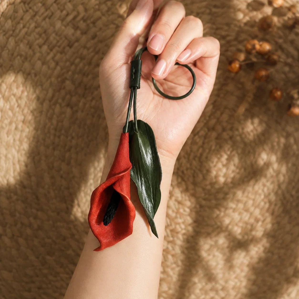 Hand-Painted Red Calla Lily Leather Bag Charm, Sculptural Botanical Handbag Accessory with Adjustable Loop, Unique Floral Gift for Her