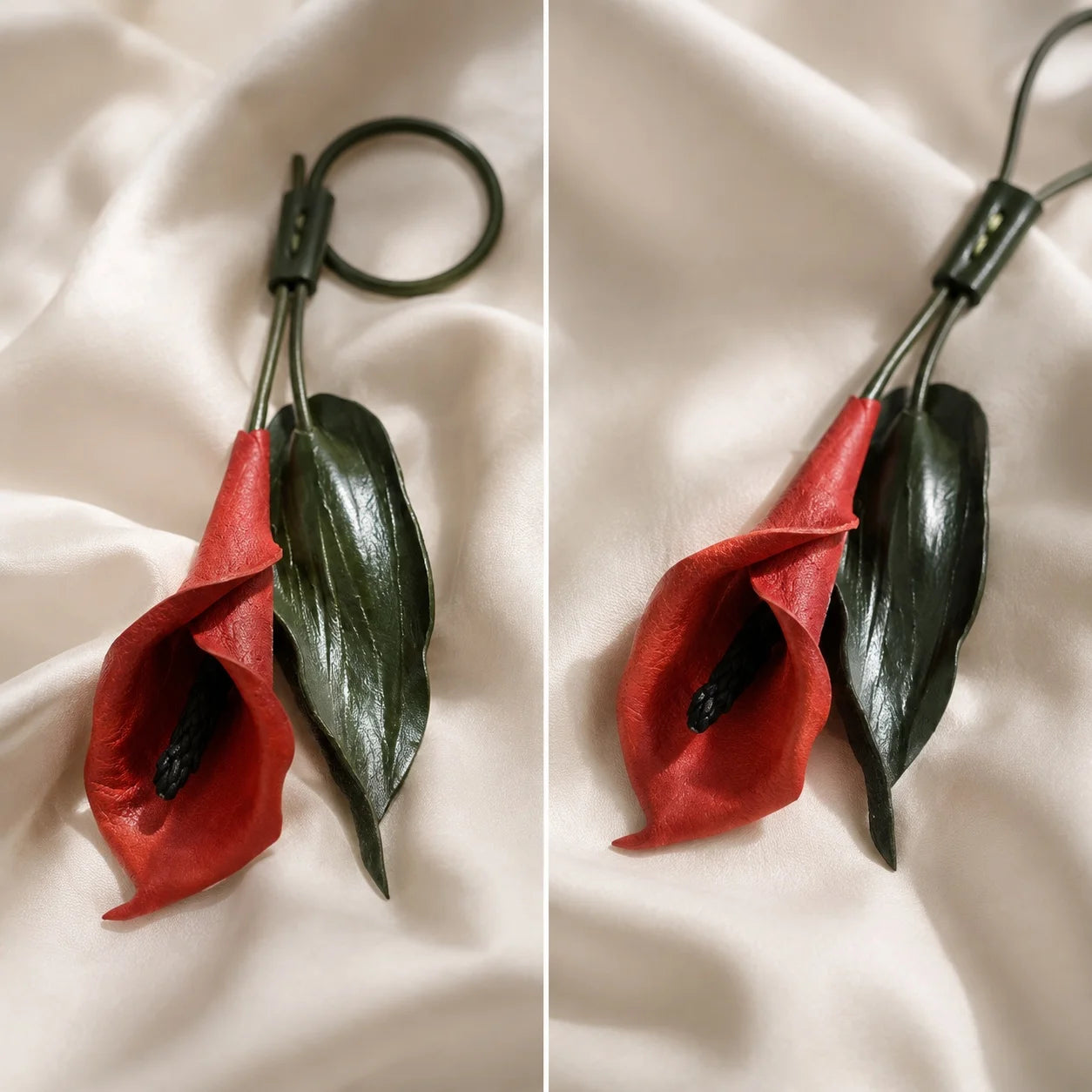 Hand-Painted Red Calla Lily Leather Bag Charm, Sculptural Botanical Handbag Accessory with Adjustable Loop, Unique Floral Gift for Her