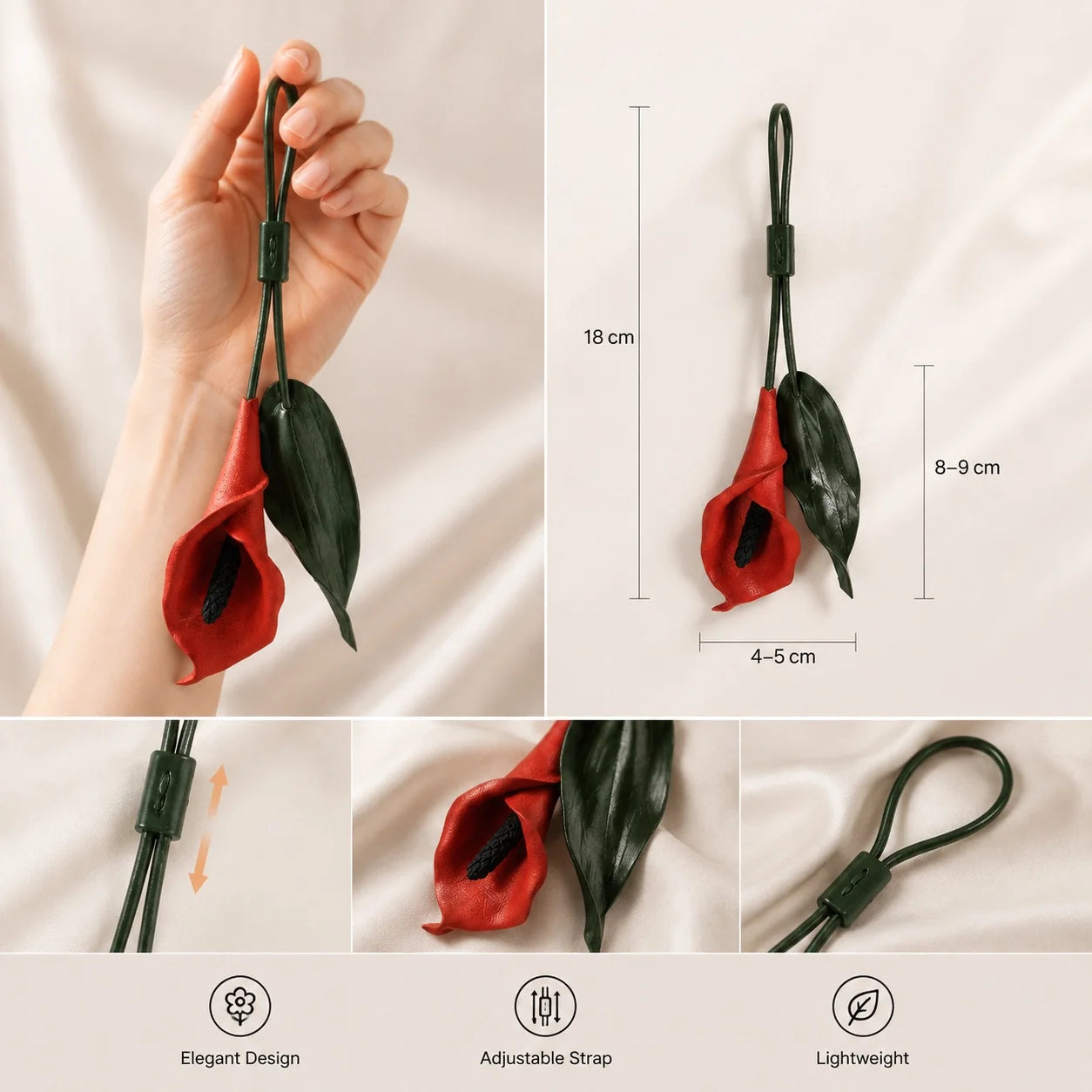 Hand-Painted Red Calla Lily Leather Bag Charm, Sculptural Botanical Handbag Accessory with Adjustable Loop, Unique Floral Gift for Her
