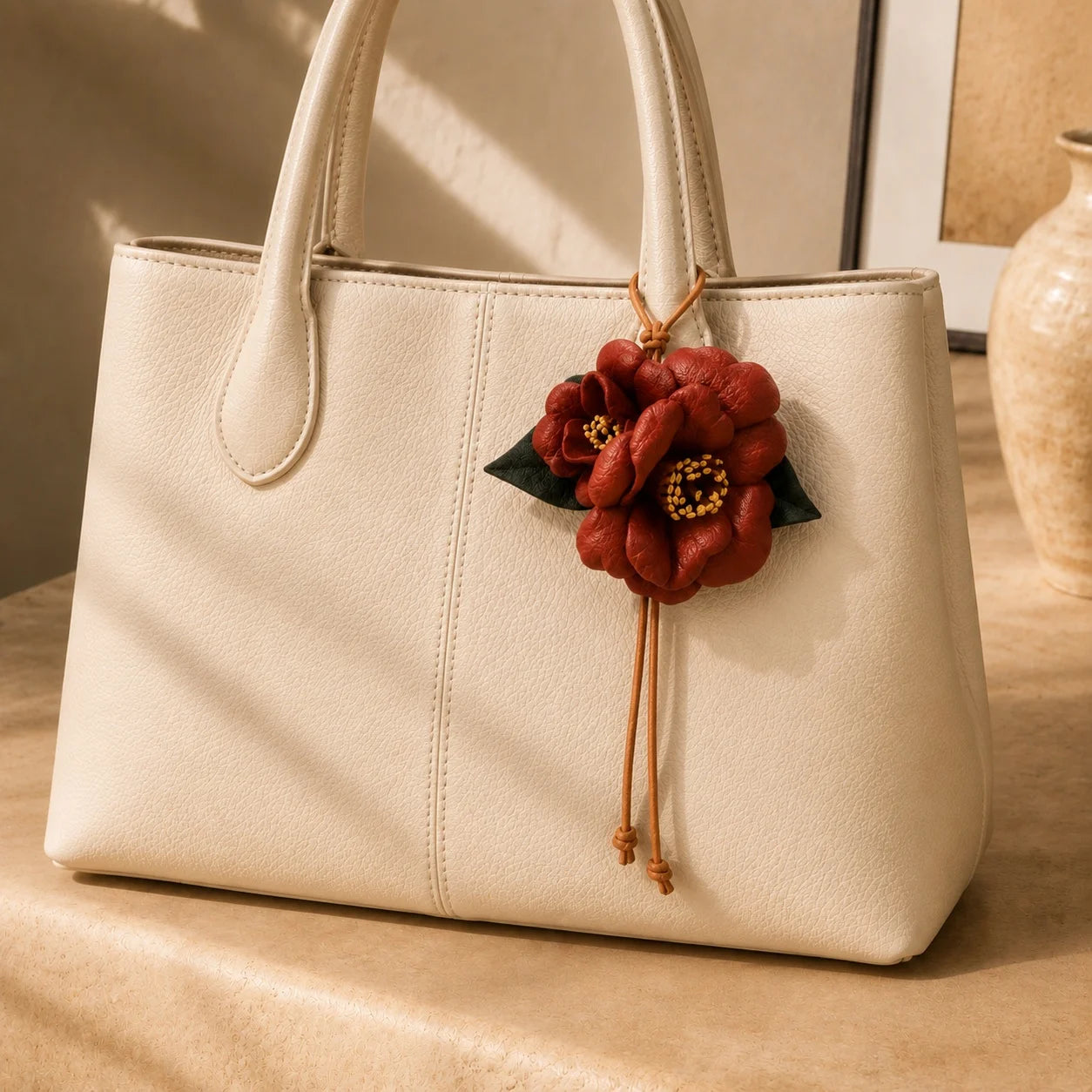 Handcrafted Leather Camellia Floral Bag Charm with Sculpted Double Blooms and Botanical Leaf Details for Handbags