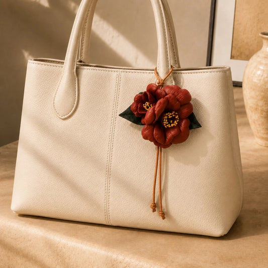 Handcrafted Leather Camellia Floral Bag Charm with Sculpted Double Blooms and Botanical Leaf Details for Handbags