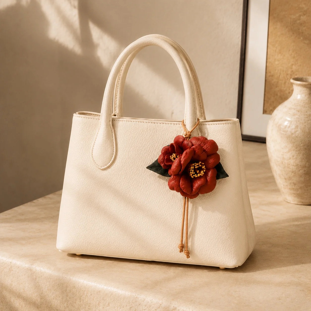 Handcrafted Leather Camellia Floral Bag Charm with Sculpted Double Blooms and Botanical Leaf Details for Handbags