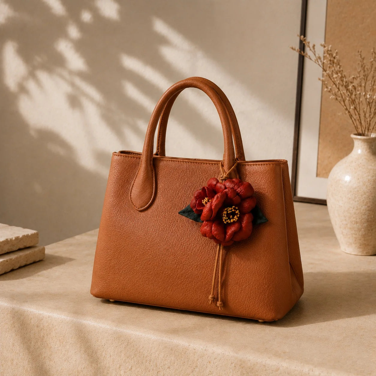 Handcrafted Leather Camellia Floral Bag Charm with Sculpted Double Blooms and Botanical Leaf Details for Handbags