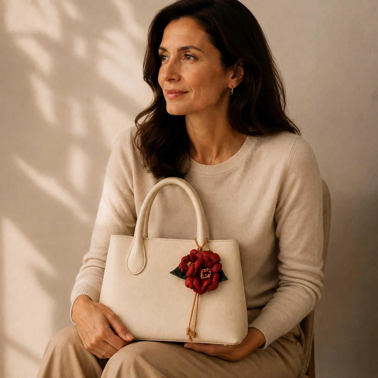 Handcrafted Leather Camellia Floral Bag Charm with Sculpted Double Blooms and Botanical Leaf Details for Handbags