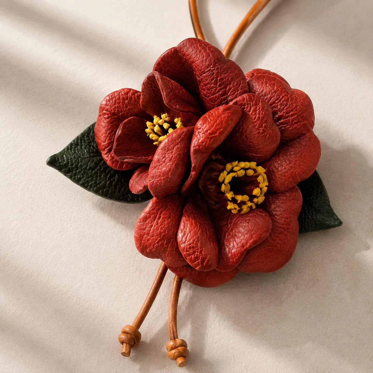 Handcrafted Leather Camellia Floral Bag Charm with Sculpted Double Blooms and Botanical Leaf Details for Handbags