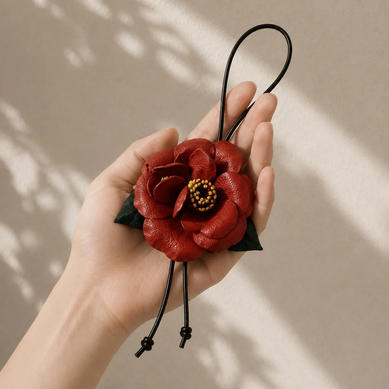 Handcrafted Leather Camellia Floral Bag Charm with Sculpted Double Blooms and Botanical Leaf Details for Handbags