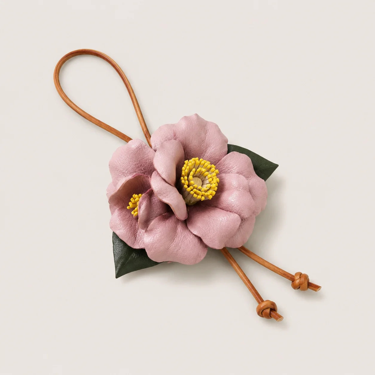 Handcrafted Leather Camellia Floral Bag Charm with Sculpted Double Blooms and Botanical Leaf Details for Handbags