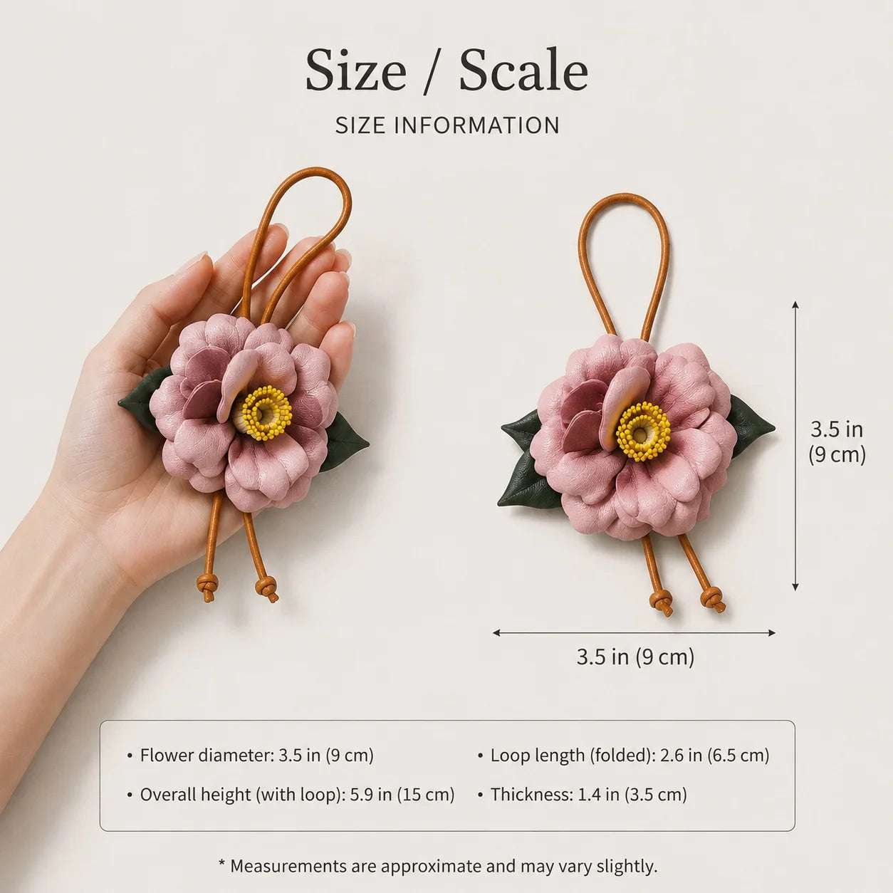Handcrafted Leather Camellia Floral Bag Charm with Sculpted Double Blooms and Botanical Leaf Details for Handbags