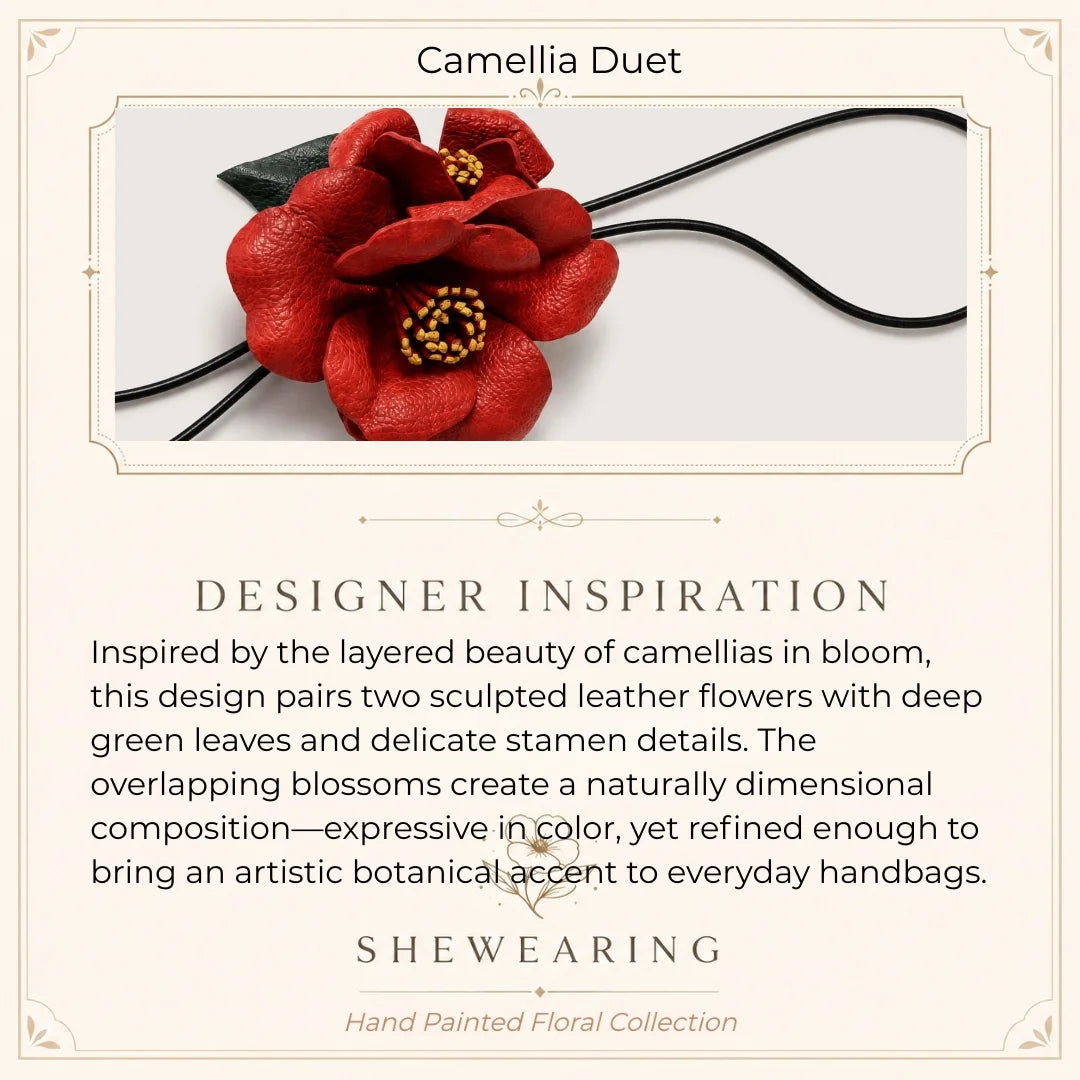 Handcrafted Leather Camellia Floral Bag Charm with Sculpted Double Blooms and Botanical Leaf Details for Handbags